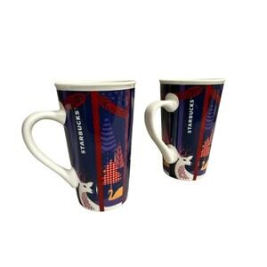 "Starbucks" Set Of 2 Tall Coffee Mugs 18 OZ Cups Bistro Purple Christmas Deer‎